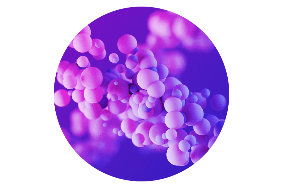 purple roundel image of tiny and large balls in a dna strand