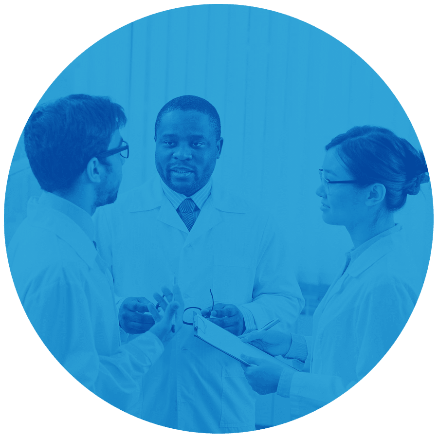 blue roundel of three scientists discussing something with clipboard